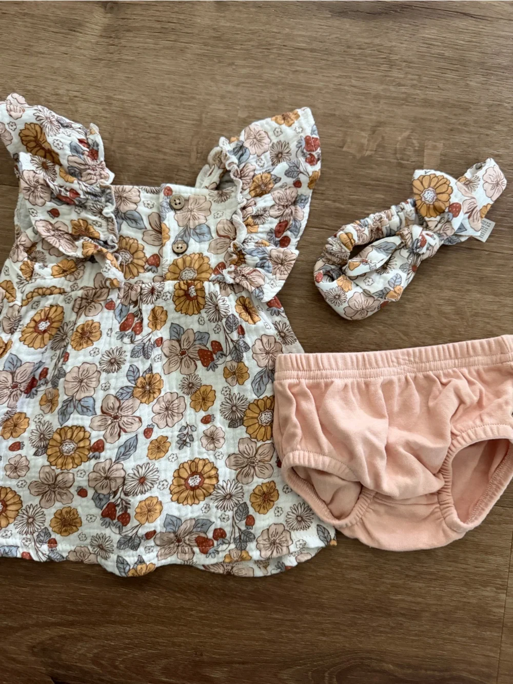 Organic Cotton Rabbit + Bear Dress with Bloomers and Headband 0-3 mo EUC